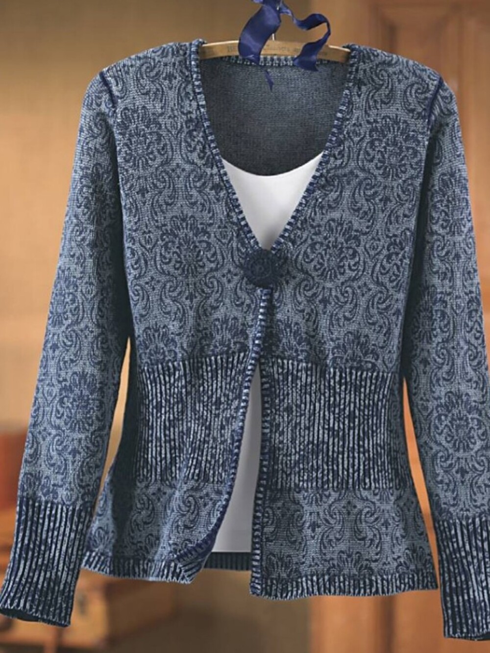 NorthStyle Blue Persian Patterned V-Neck Cardigan with Single Button